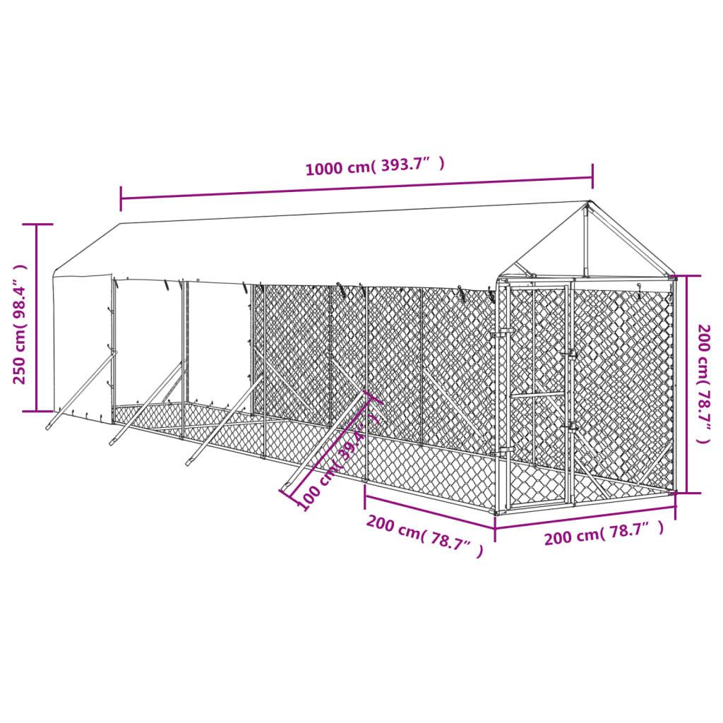 Canil de exterior com teto 2x10x2,5 m aço galvanizado prateado