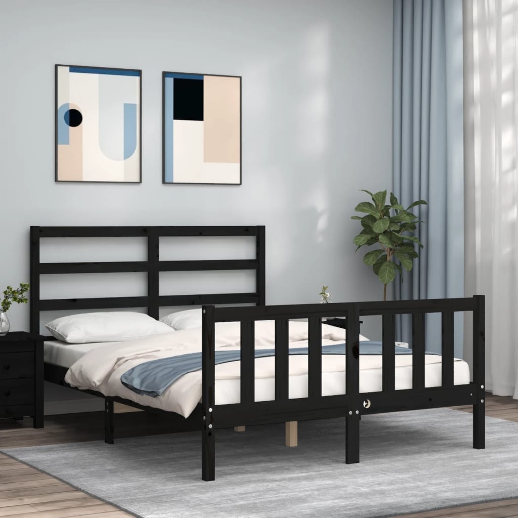 Estrutura de cama com cabeceira 140x190 cm madeira maciça preto