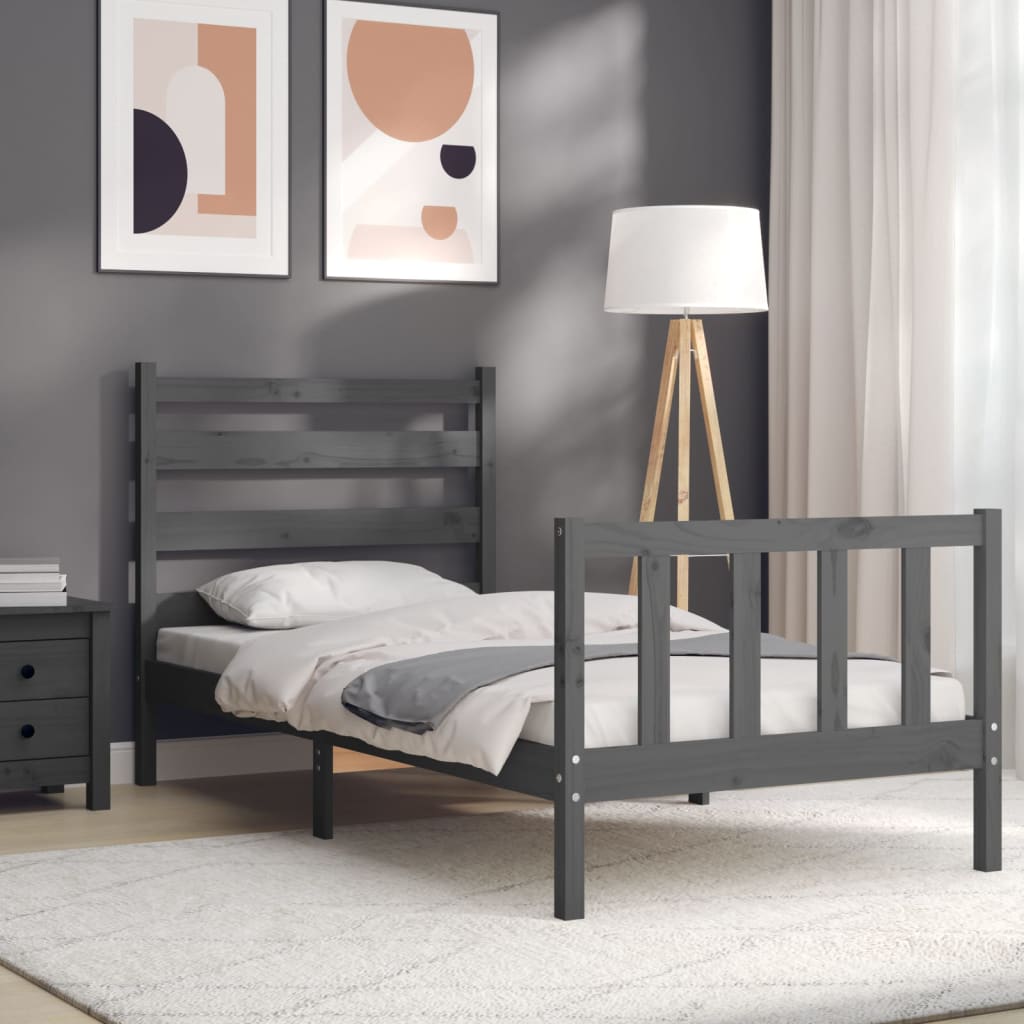 Estrutura de cama com cabeceira 90x190 cm madeira maciça cinza