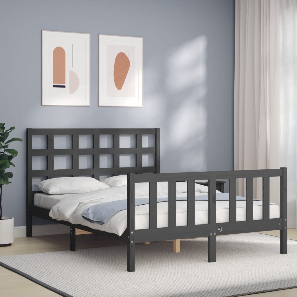 Estrutura de cama com cabeceira 140x190 cm madeira maciça cinza