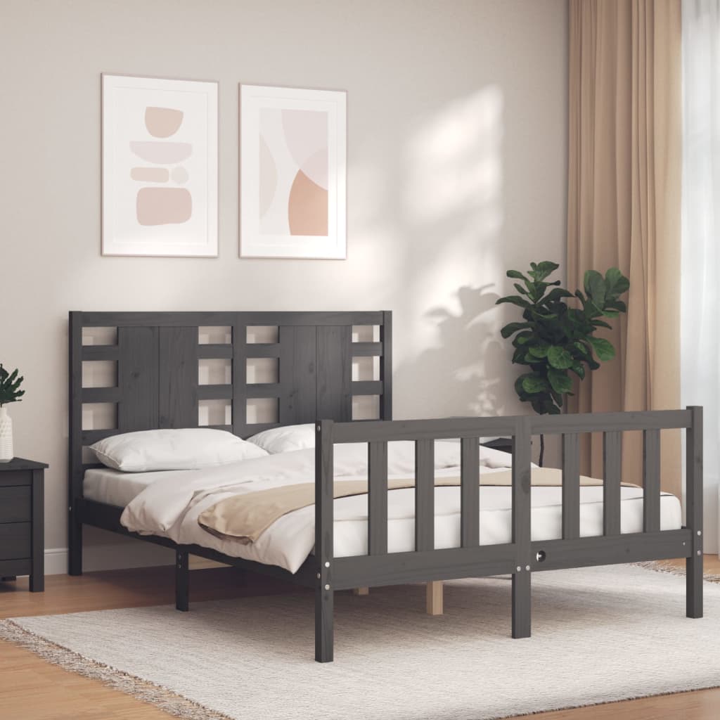 Estrutura de cama com cabeceira 140x190 cm madeira maciça cinza