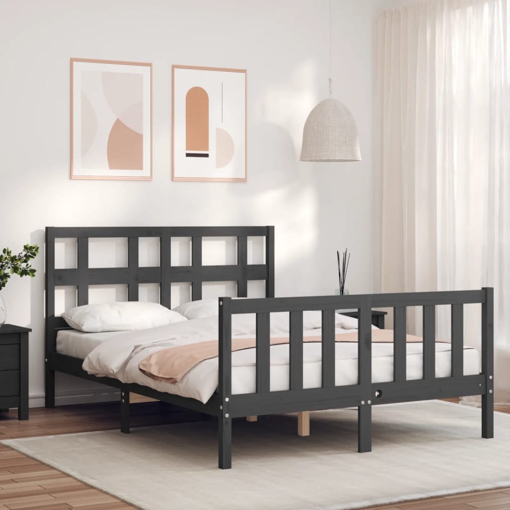 Estrutura de cama com cabeceira 140x190 cm madeira maciça cinza