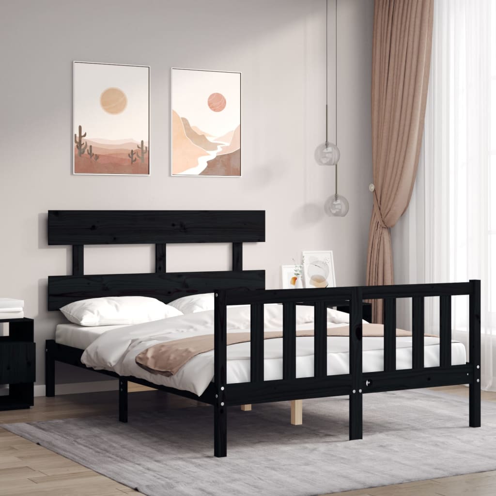 Estrutura de cama com cabeceira 140x190 cm madeira maciça preto