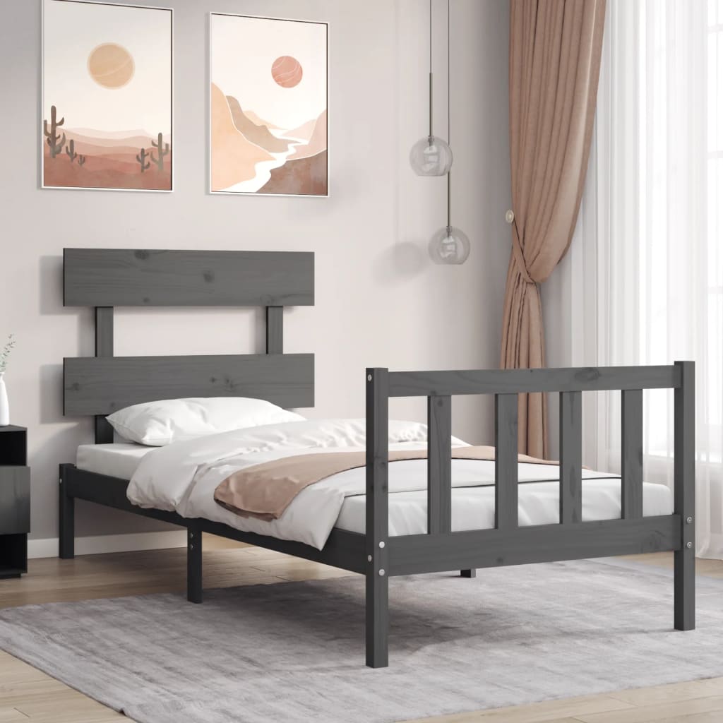 Estrutura de cama com cabeceira 90x200 cm madeira maciça cinza