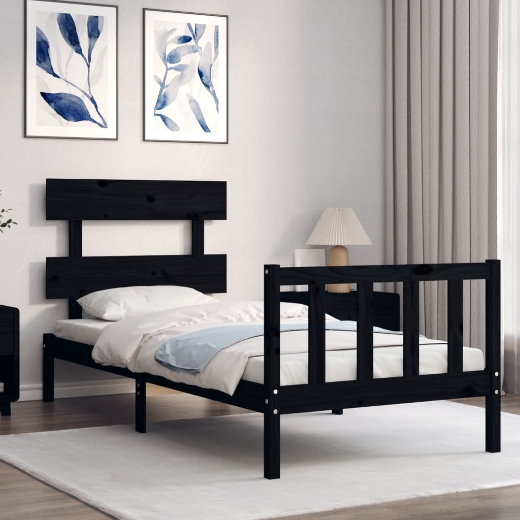 Estrutura de cama com cabeceira 100x200 cm madeira maciça preto