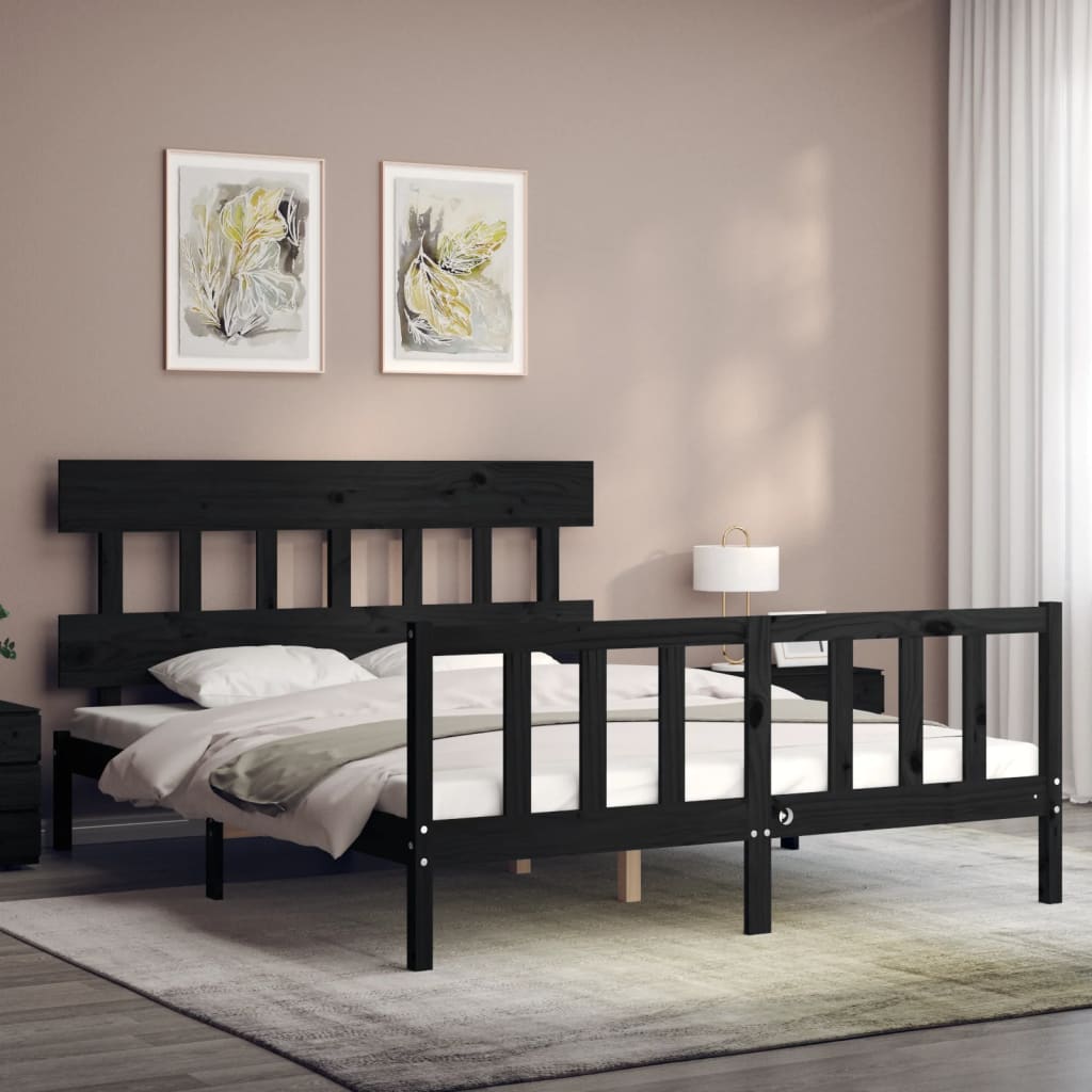 Estrutura de cama com cabeceira 160x200 cm madeira maciça preto