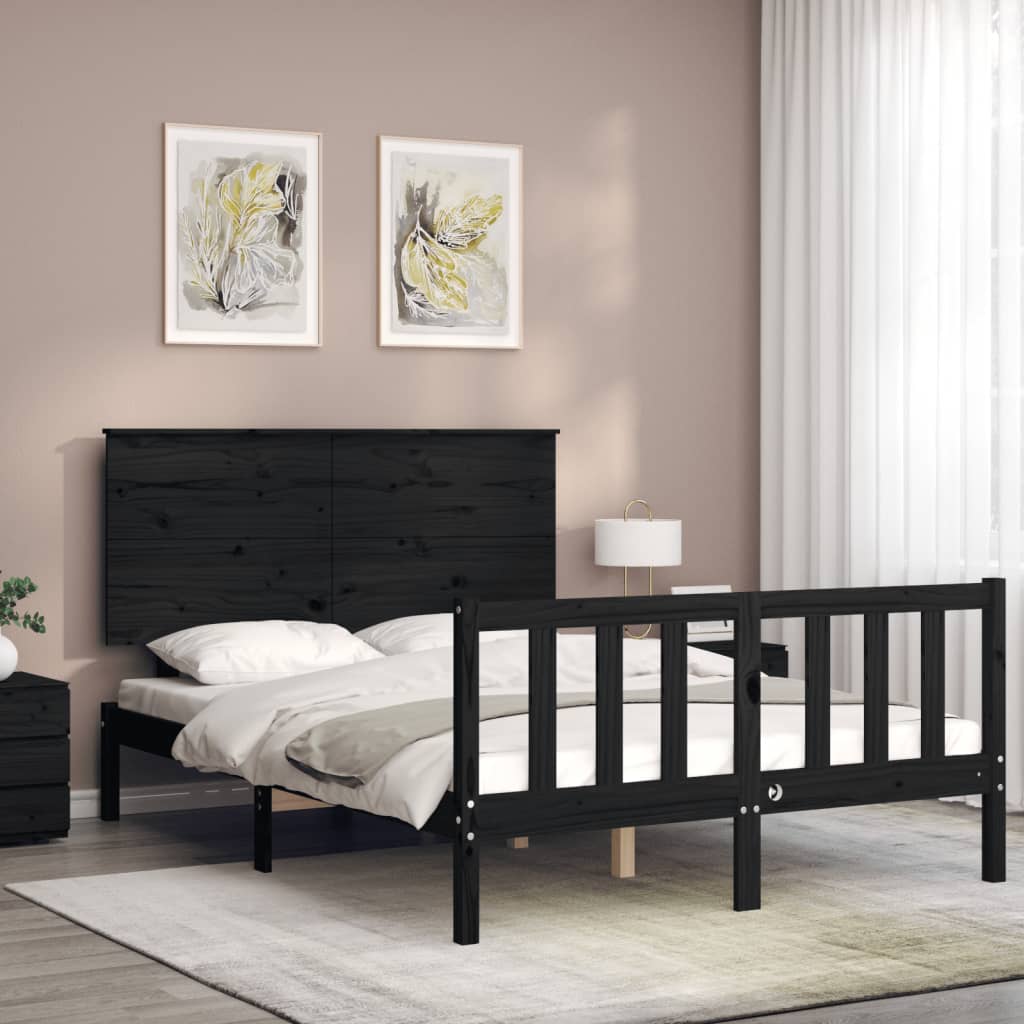 Estrutura de cama com cabeceira 140x190 cm madeira maciça preto