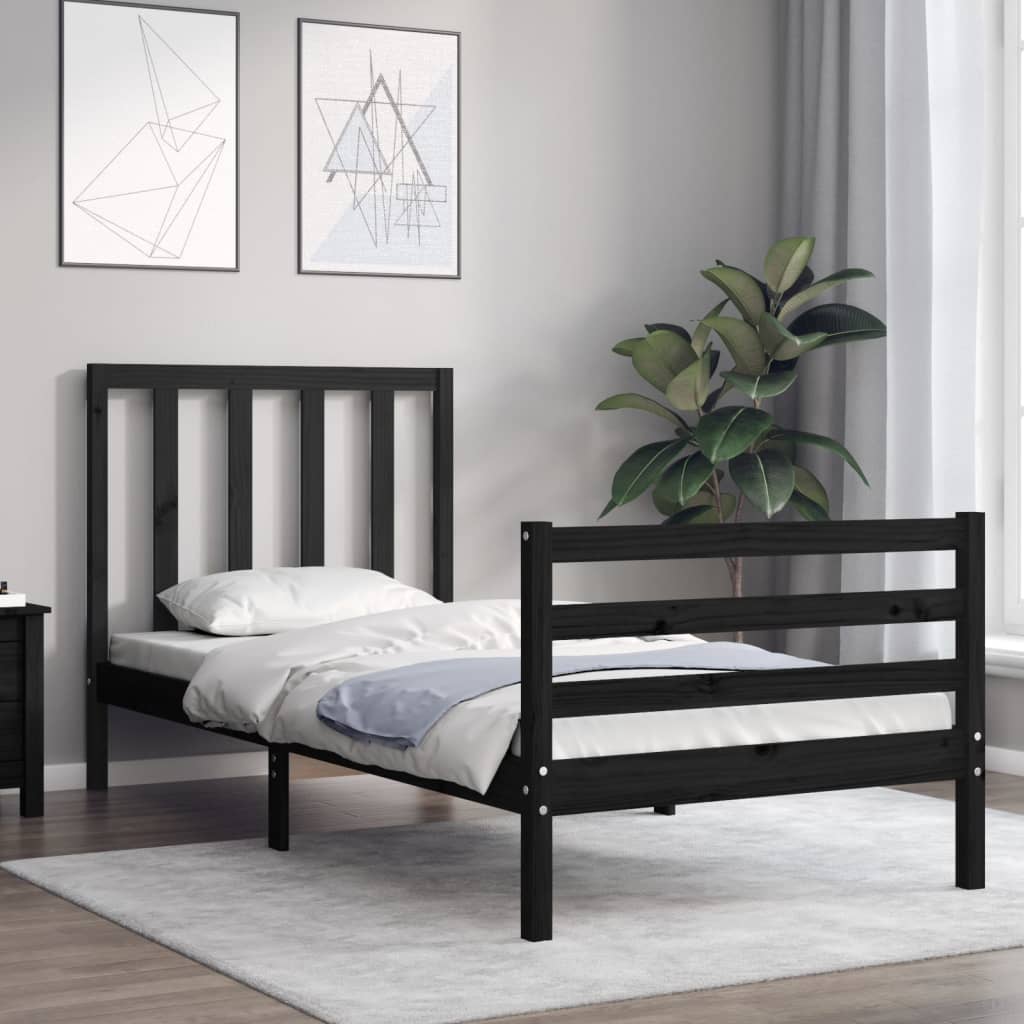 Estrutura de cama com cabeceira 100x200 cm madeira maciça preto