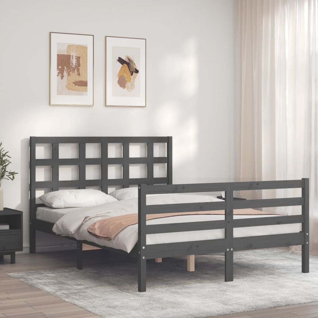 Estrutura de cama com cabeceira 140x190 cm madeira maciça cinza