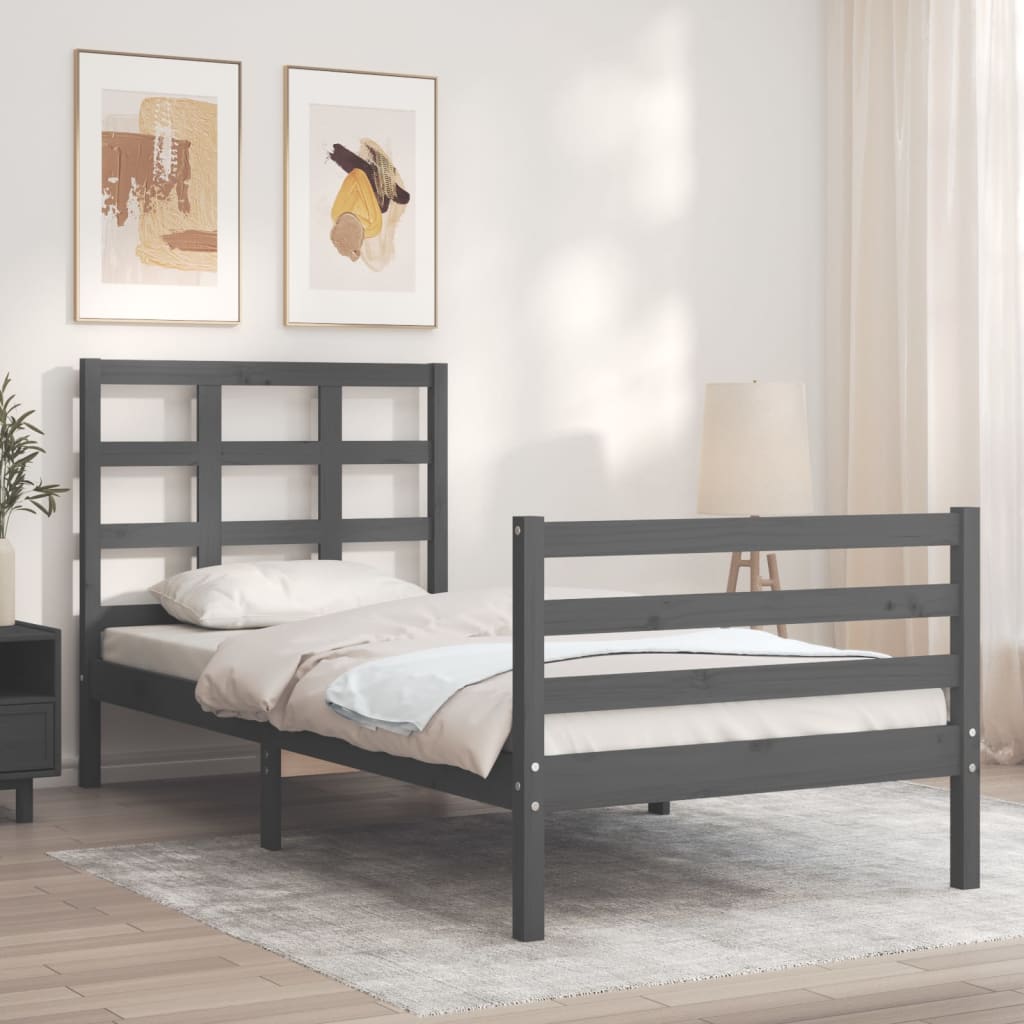 Estrutura de cama com cabeceira 90x200 cm madeira maciça cinza