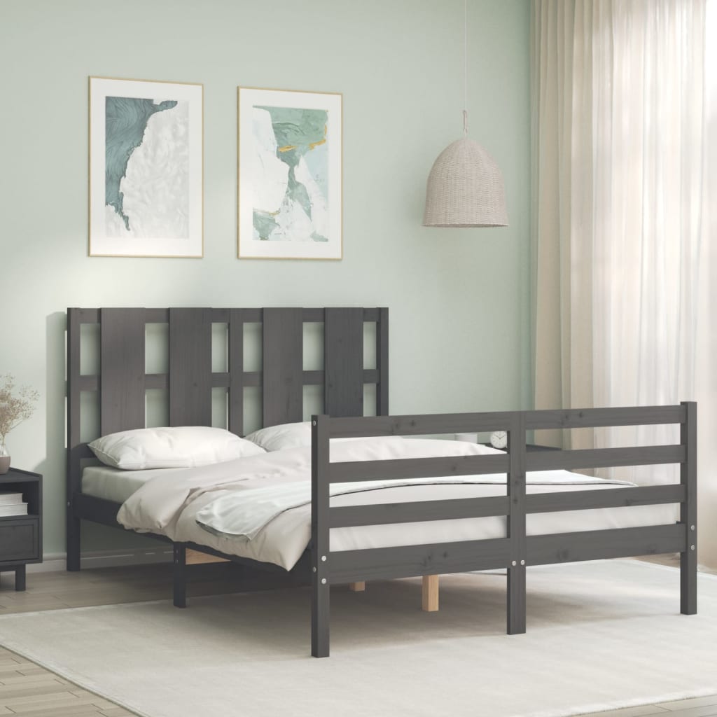 Estrutura de cama com cabeceira 140x190 cm madeira maciça cinza