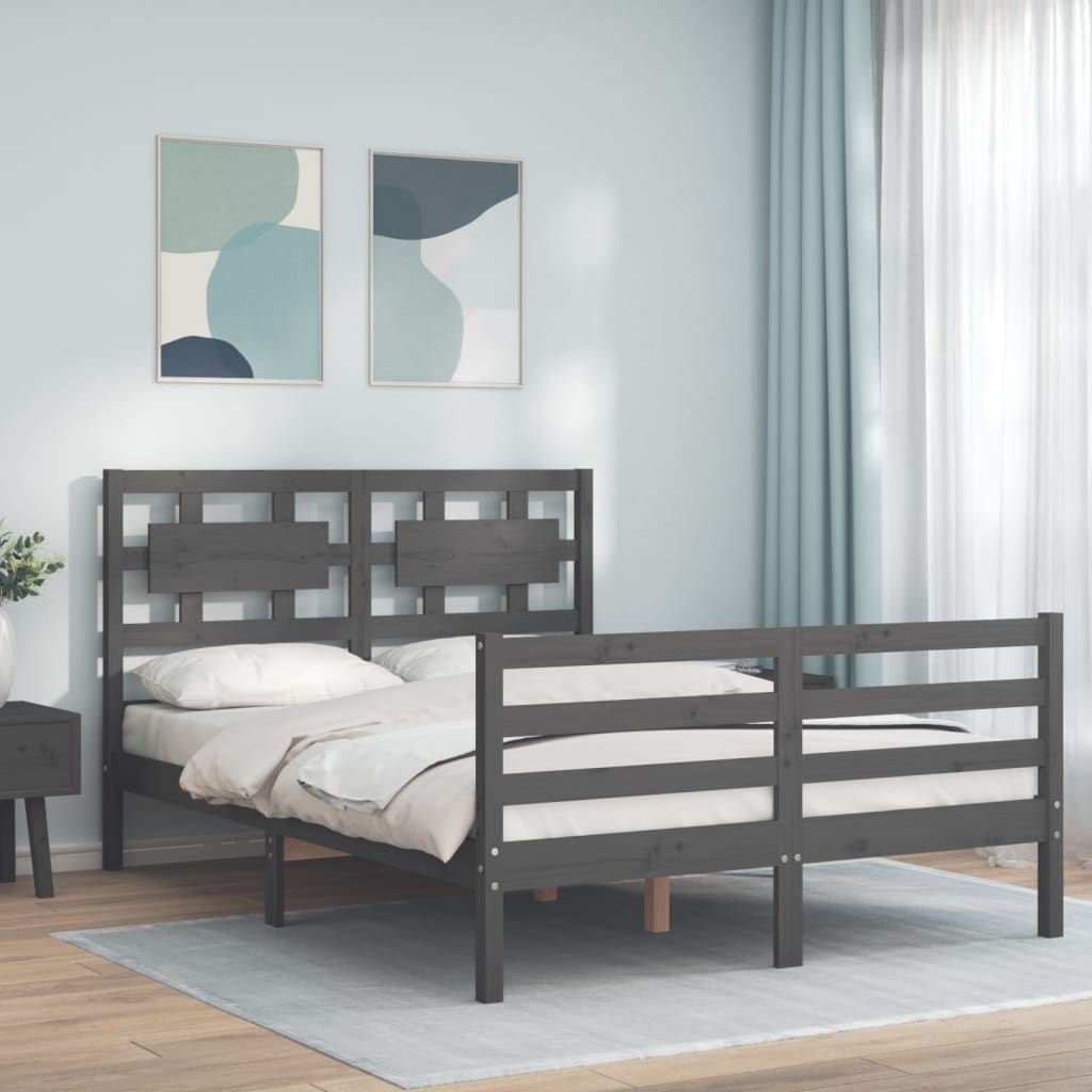 Estrutura de cama com cabeceira 140x190 cm madeira maciça cinza