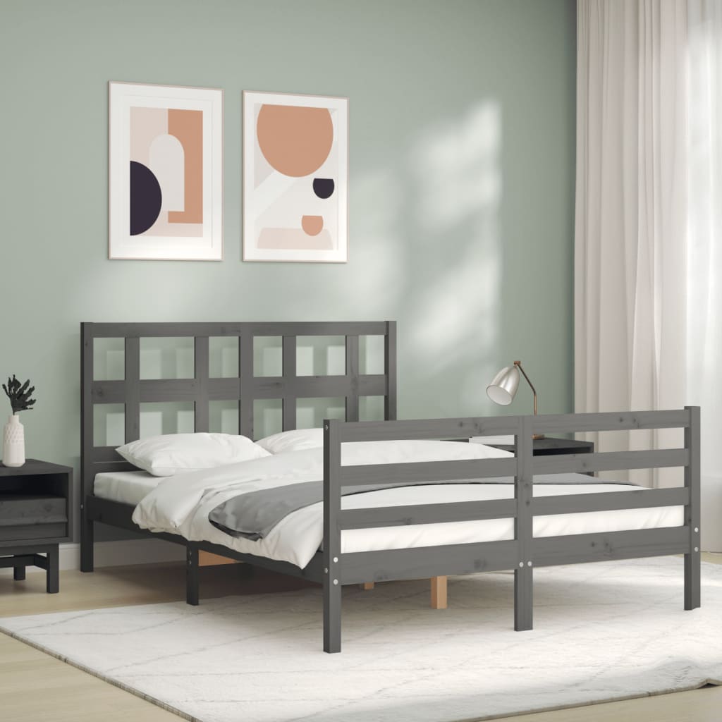 Estrutura de cama com cabeceira 140x190 cm madeira maciça cinza