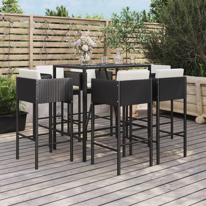 7 pcs conjunto de bar para jardim c/ almofadões vime PE preto