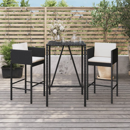 3 pcs conjunto de bar para jardim c/ almofadões vime PE preto