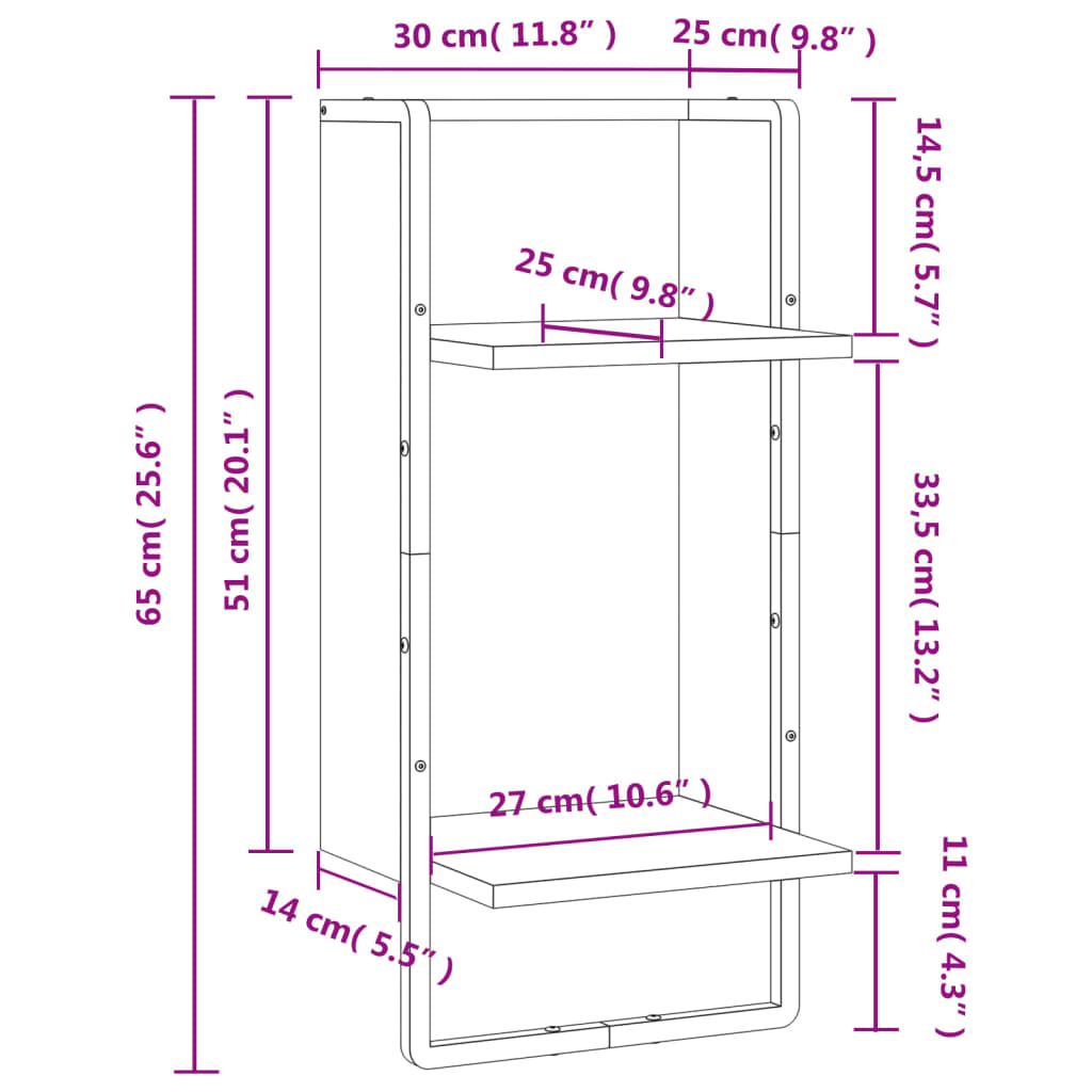 Prateleira de parede com barra 30x25x65 cm preto