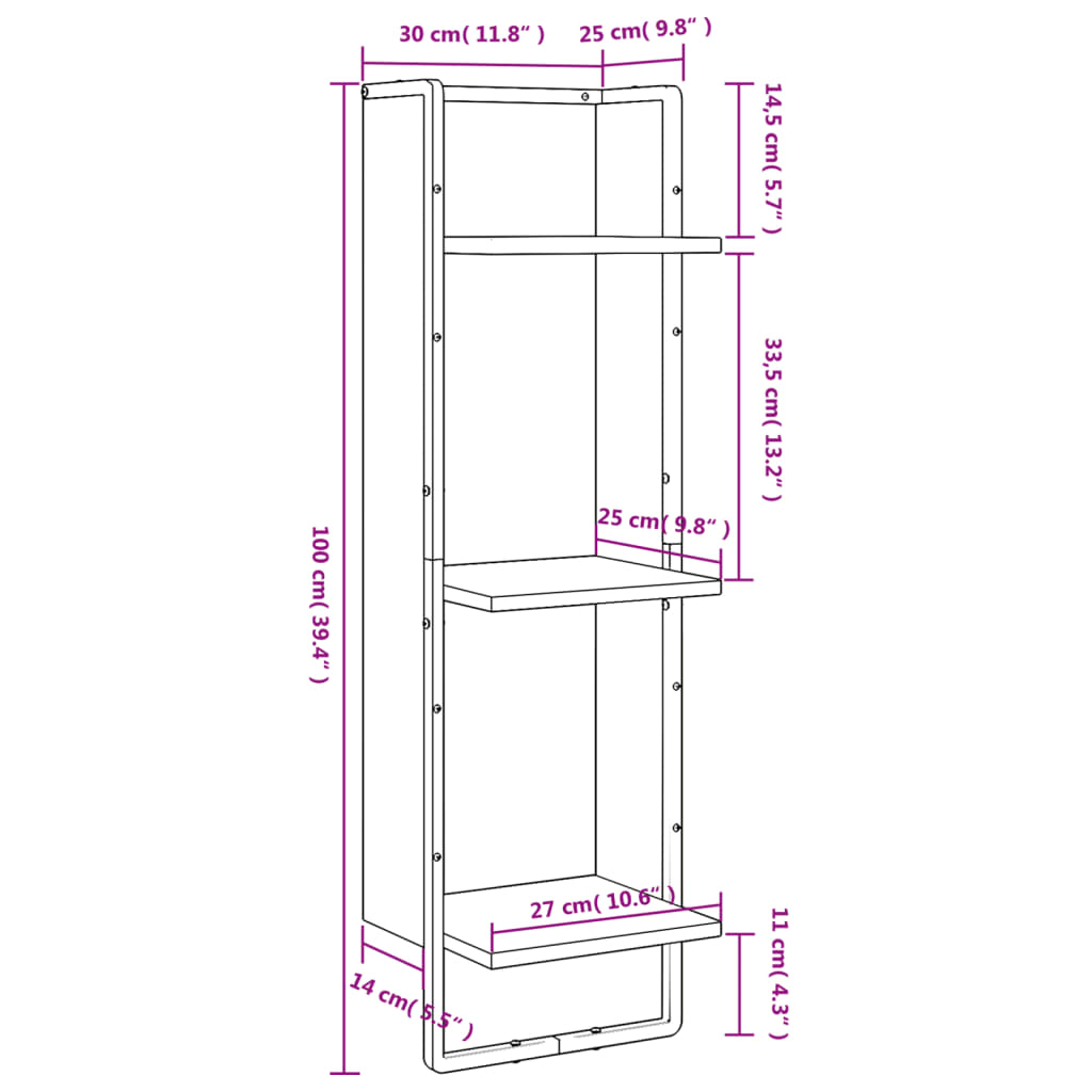 Unidade 3 prateleiras parede 30x25x100 cm deriv. madeira preto