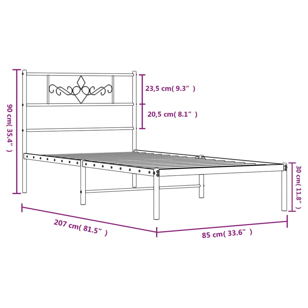 Estrutura de cama com cabeceira 80x200 cm metal preto