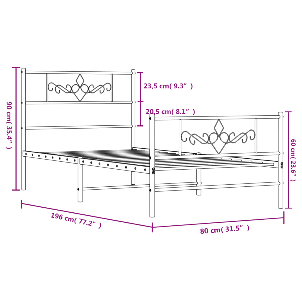 Estrutura de cama com cabeceira e pés 75x190 cm metal preto