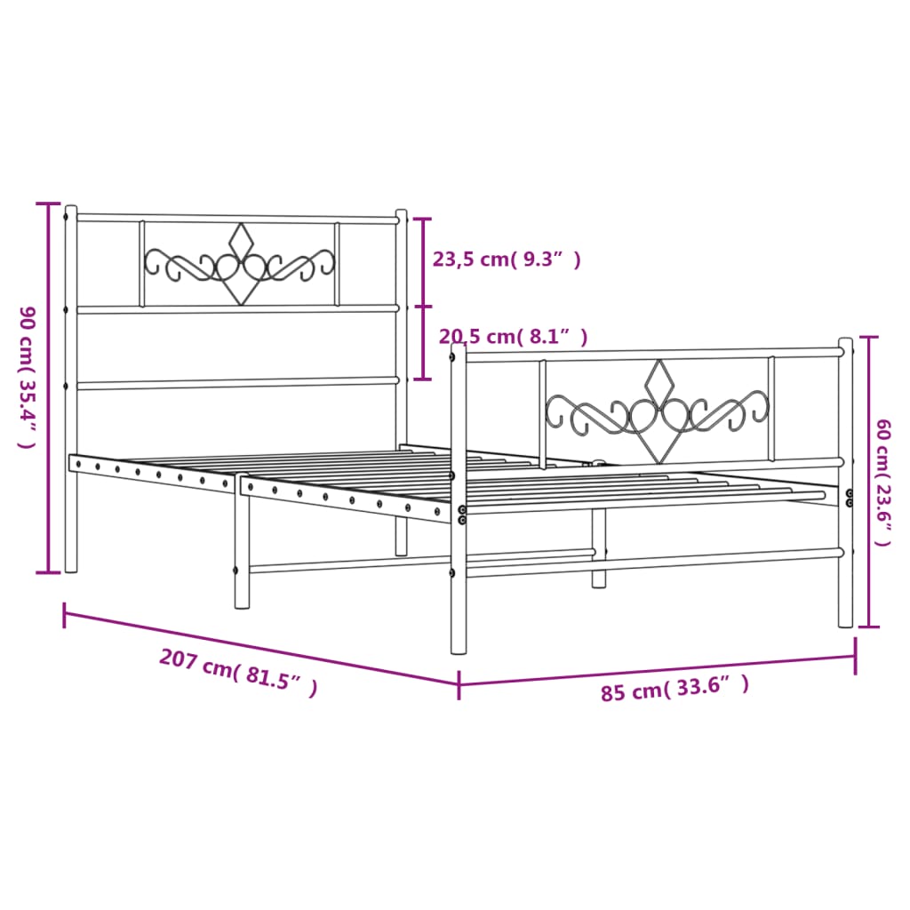 Estrutura de cama com cabeceira e pés 80x200 cm metal preto