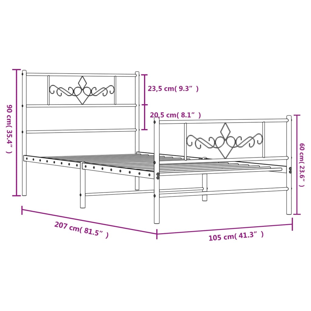 Estrutura de cama com cabeceira e pés 100x200 cm metal preto