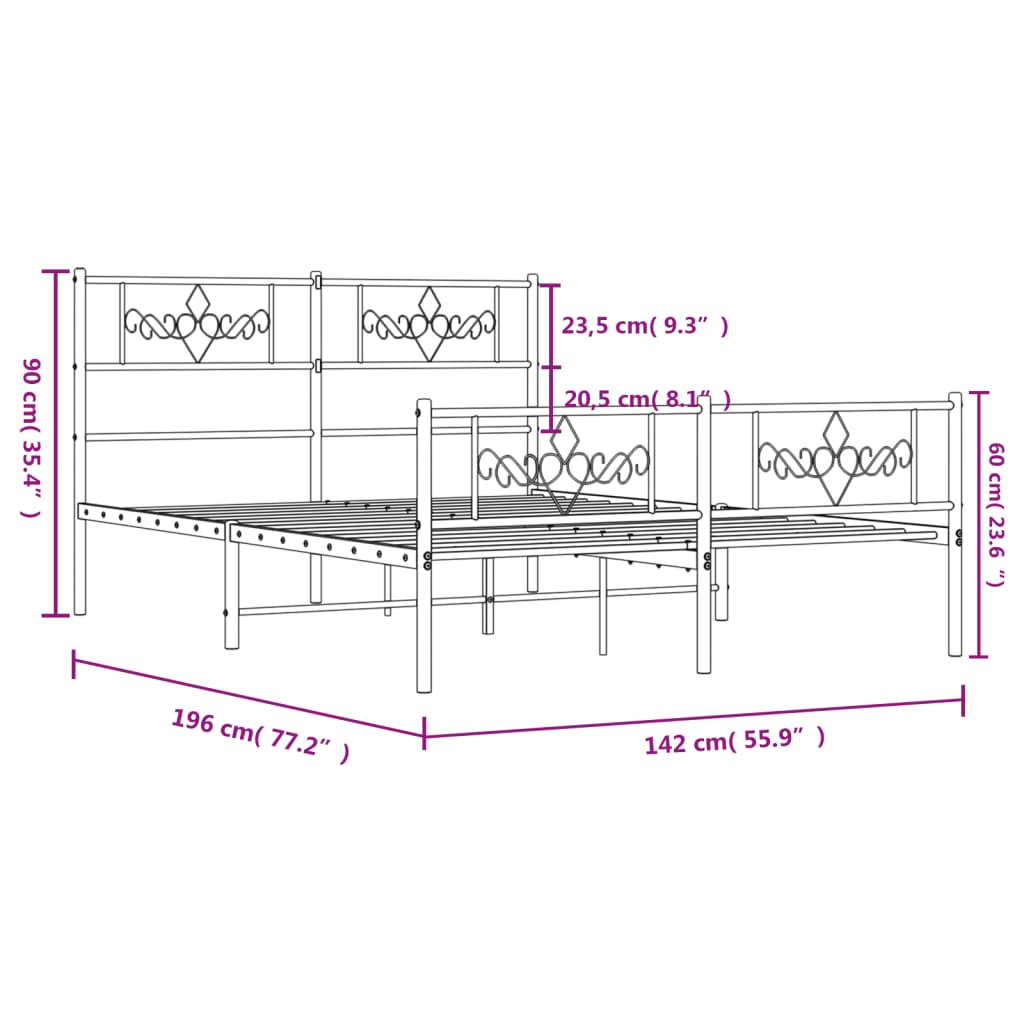 Estrutura de cama com cabeceira e pés 135x190 cm metal preto