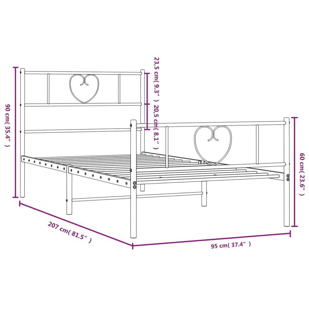 Estrutura de cama com cabeceira e pés 90x200 cm metal preto