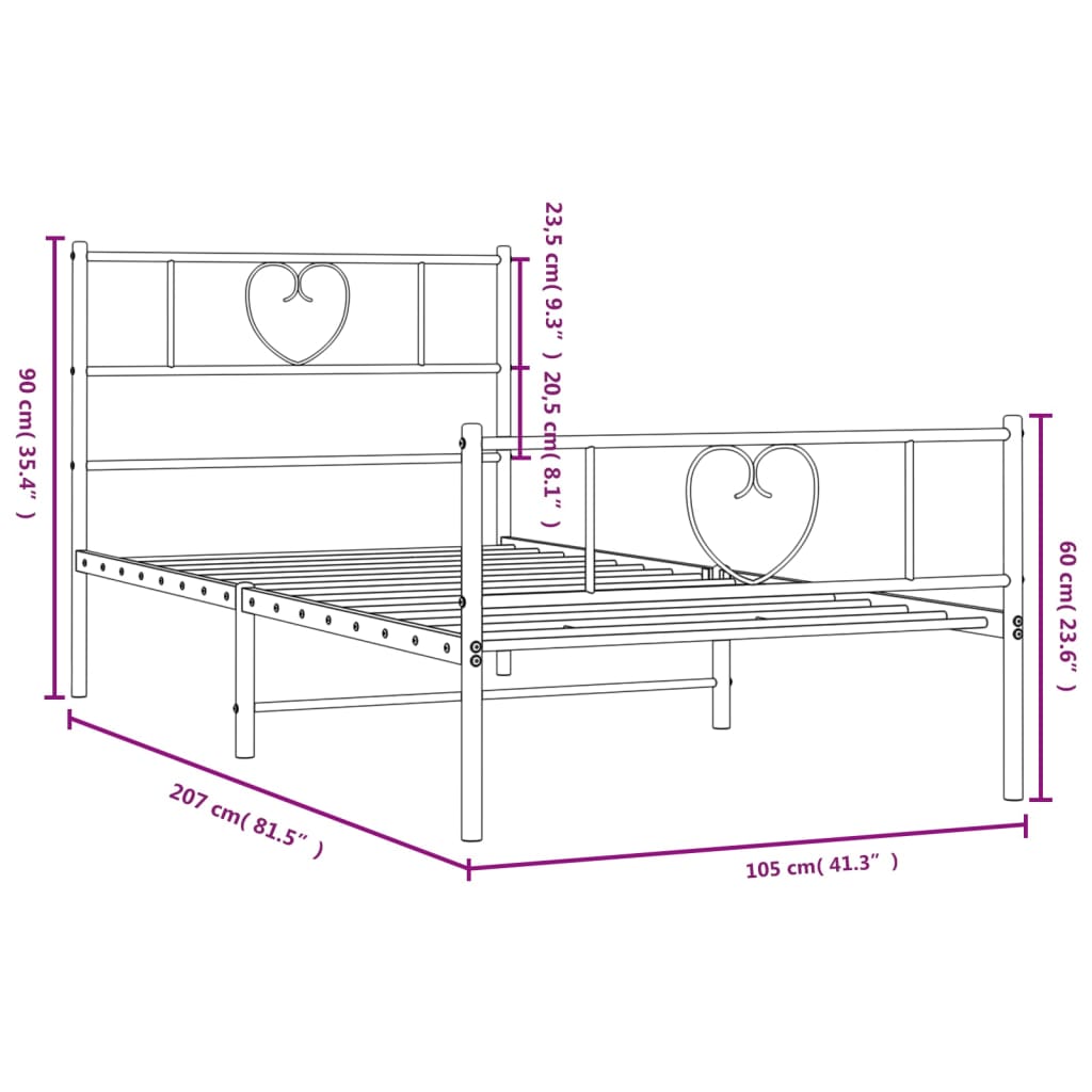 Estrutura de cama com cabeceira e pés 100x200 cm metal preto