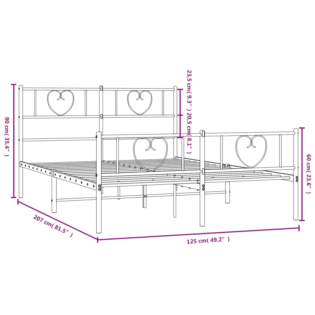 Estrutura de cama com cabeceira e pés 120x200 cm metal preto