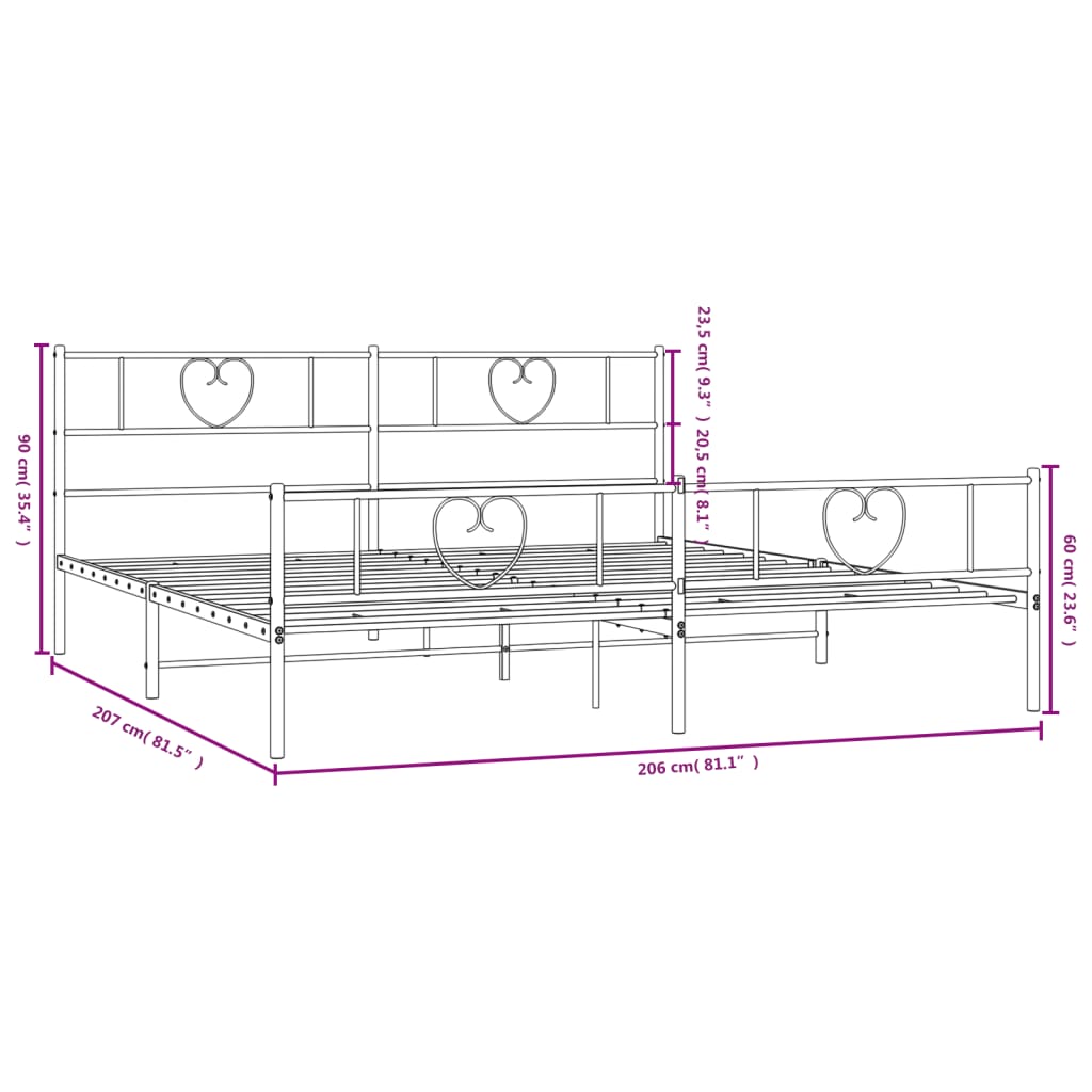 Estrutura de cama com cabeceira e pés 200x200 cm metal preto