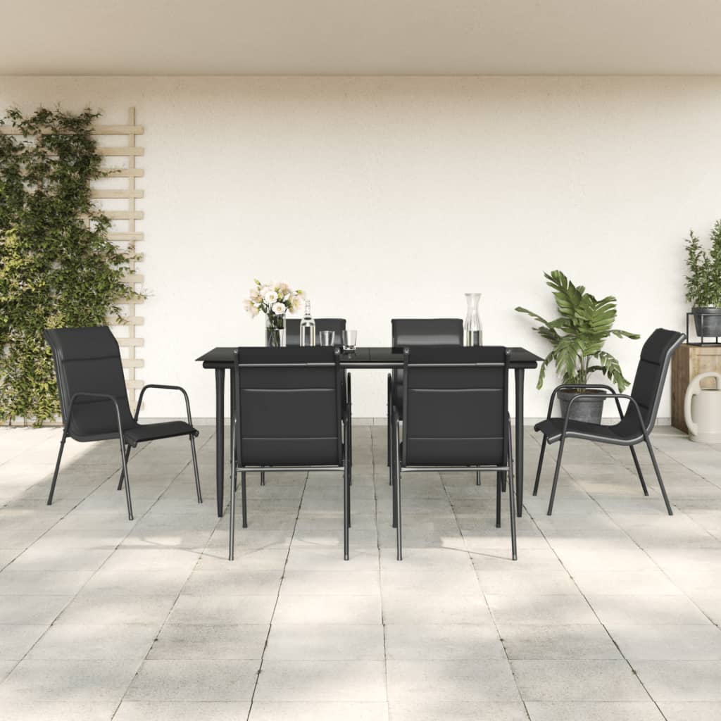 7 pcs conjunto de jantar para jardim aço e textilene preto