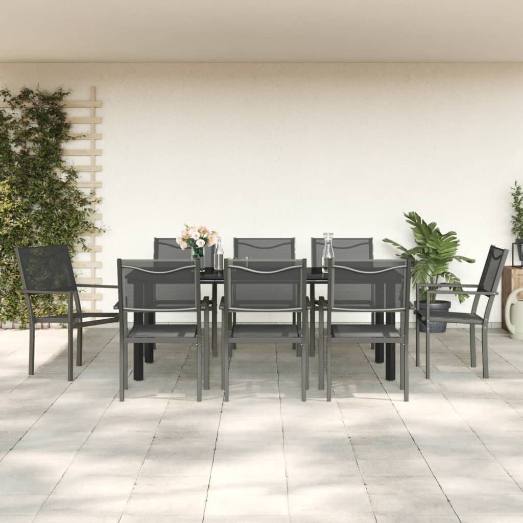 9 pcs conjunto de jantar para jardim aço e textilene preto