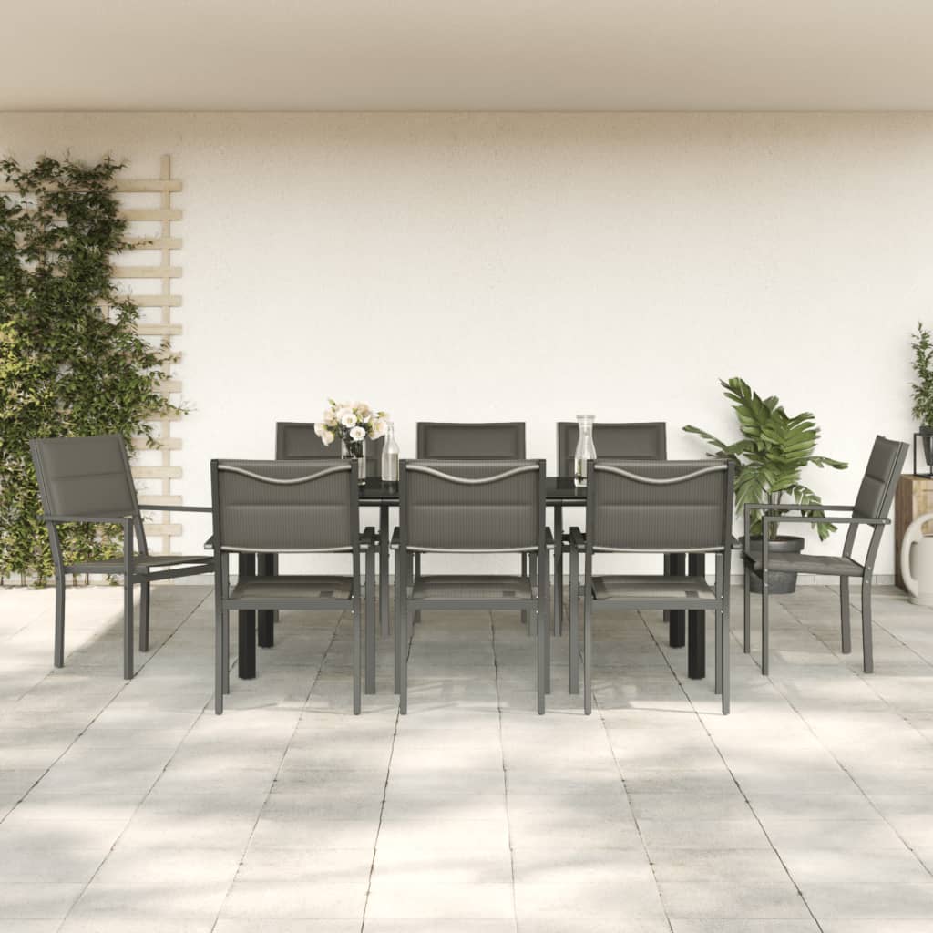 9 pcs conjunto de jantar para jardim aço e textilene preto