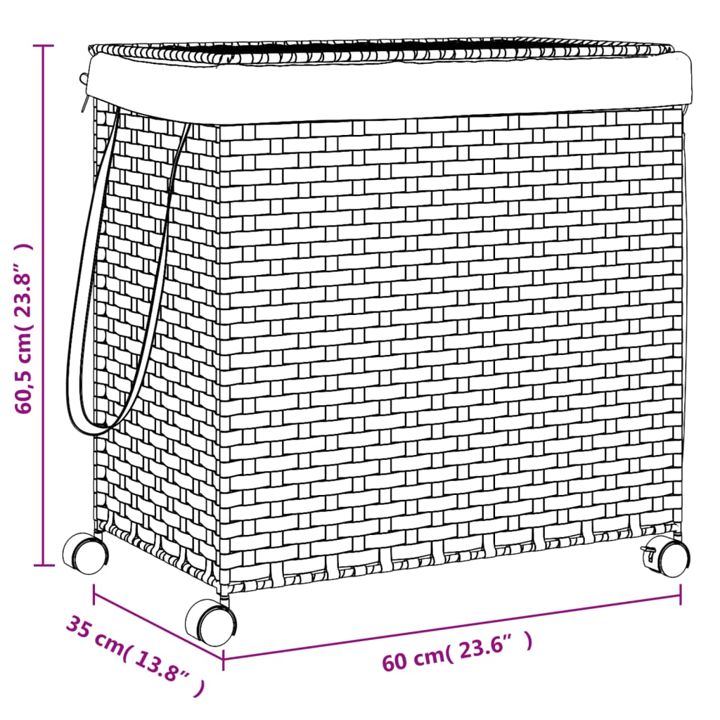 Cesto para roupa suja com rodas 60x35x60,5 cm vime preto