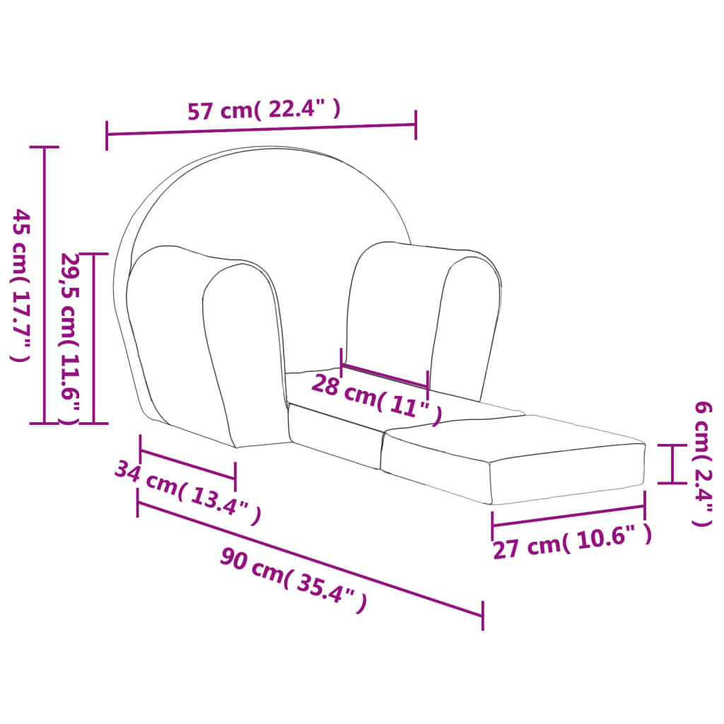 Sofá-cama infantil pelúcia macia cinzento-claro