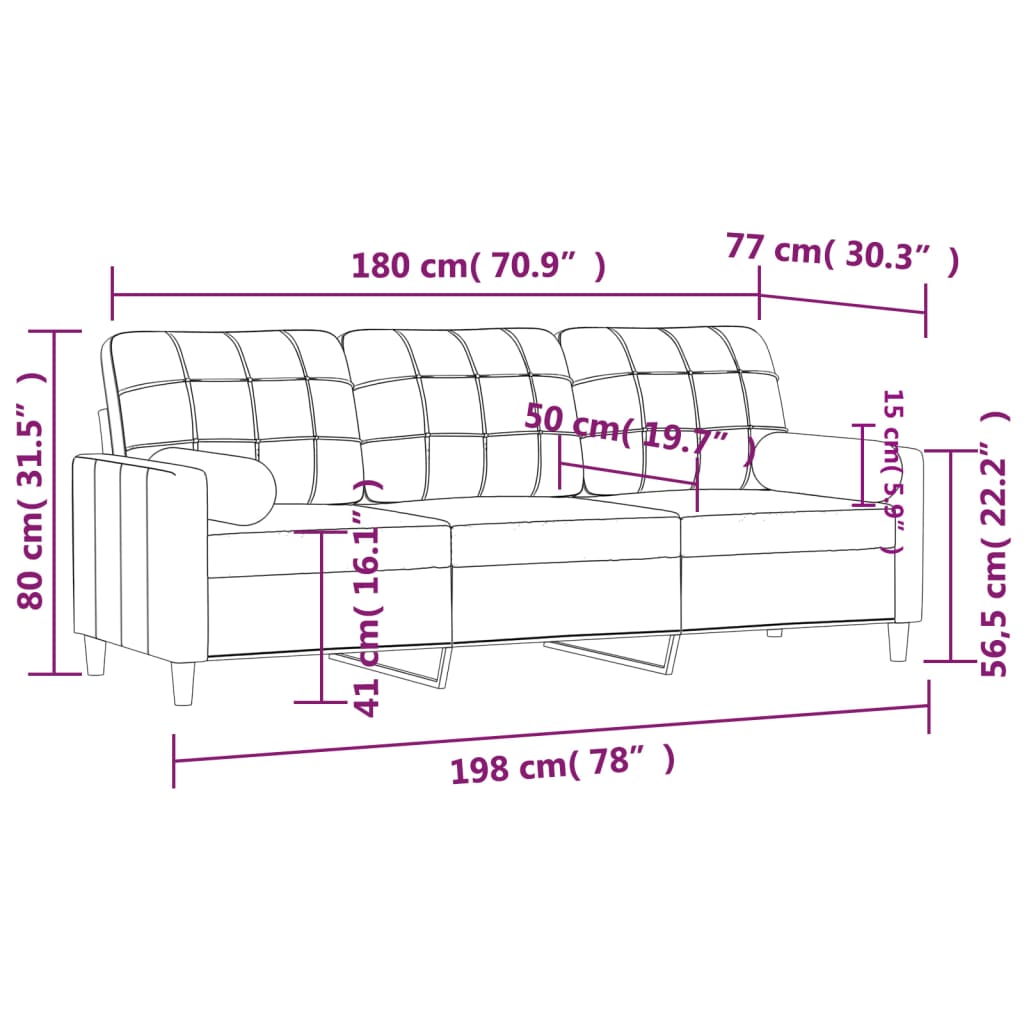 Sofá Mafra - De 3 Lugares - Com 2 Almofadas Decorativas - Cor Cinzento Claro - 198x77x80 cm - Em Tecido - Assentos, Apoios de Braços e Almofadas de Encosto Densamente Acolchoados - Design Nórdico