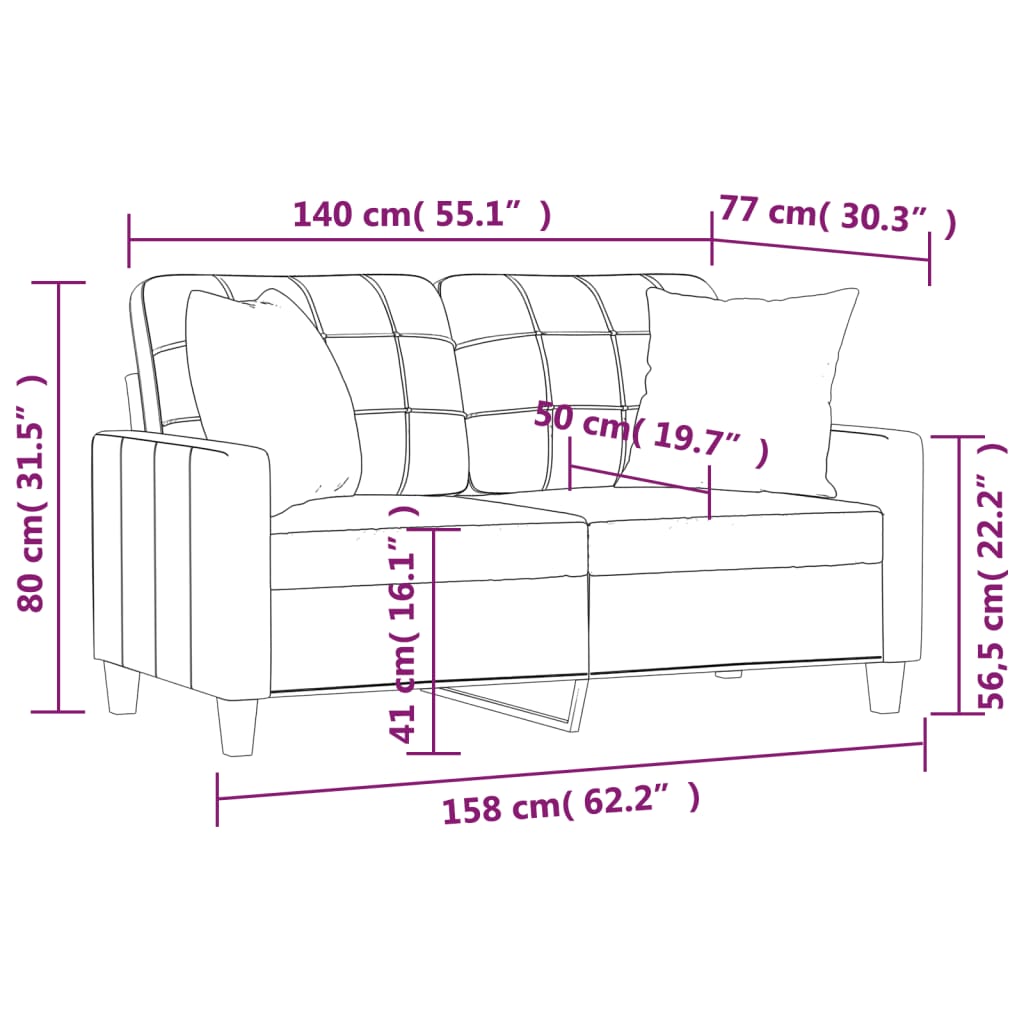 Sofá Vila Real de 2 Lugares - Com 2 Almofadas Decorativas - Em Couro Artificial, Estrutura em Metal com Assentos, Apóios de Braços e Almofadas de Encosto Densamente Acolchoados- Cor Cappuccino - 158x77x80 cm - Design Nórdico