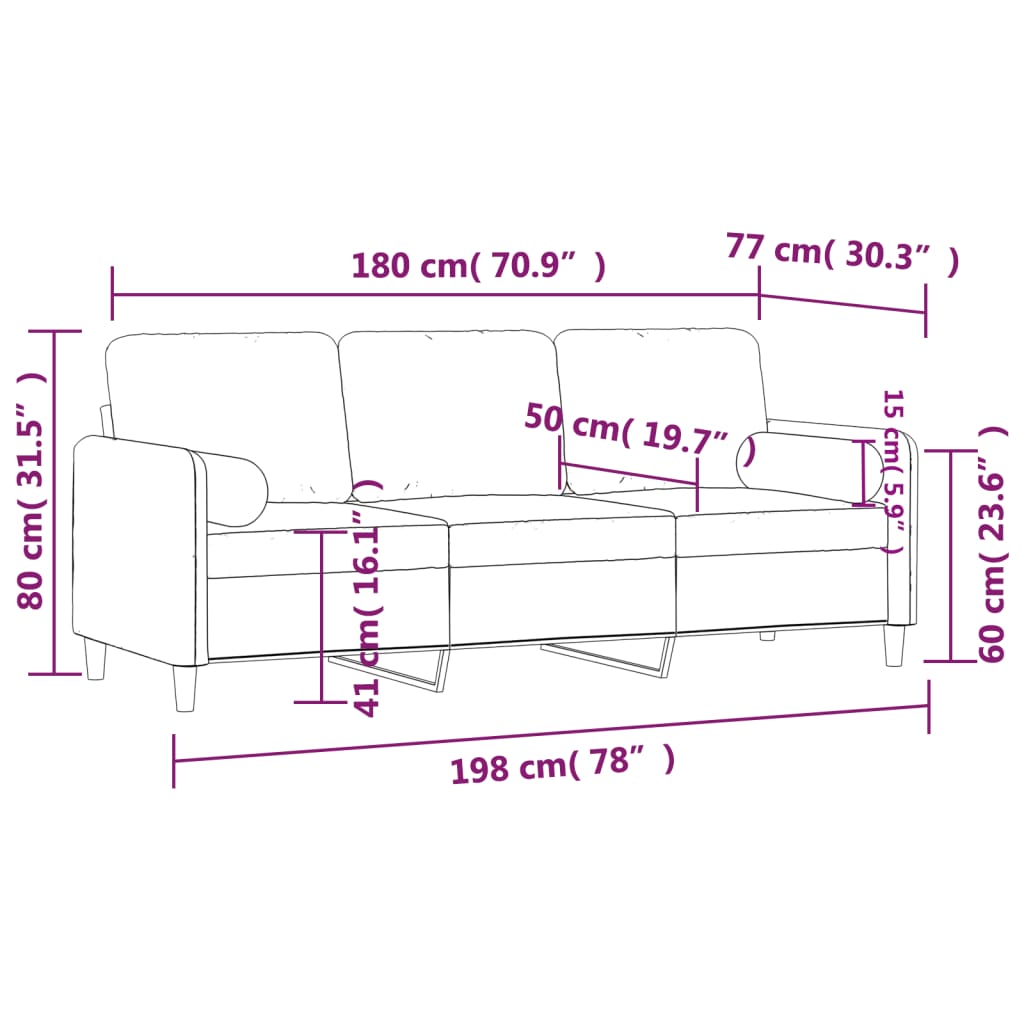 Sofá Moinhos - De 3  Lugares e com 2 Almofadas Decorativas - Em Veludo - Cor Castanho - 198x77 x80 cm- Assentos, Apóios de Braços e Almofadas de Encosto Densamente Acolchoados - Design Nórdico