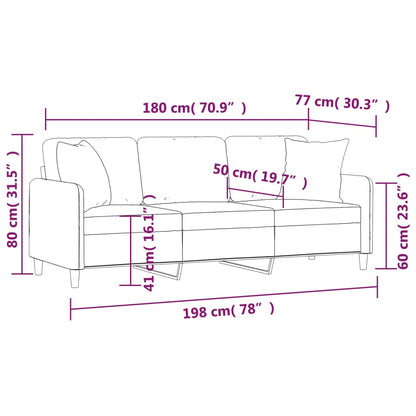 Sofá Foster - De 3 Lugares e 2 Almofadas Decorativas - Cor Cinza-Acastanhado - 198x77x80 cm - Tecido e Assentos, Apóios de Braços e Almofadas de Encosto Densamente Acolchoados - Design Nórdico