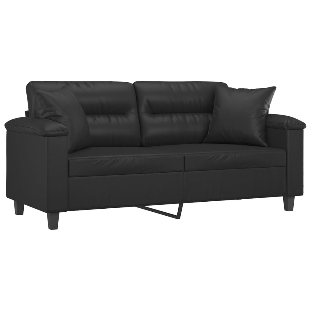 Sofá Garland de 2 Lugares com 2 Almofadas Decorativas  - Cor Preto - 170x77x80 cm - Em Couro Artificial, Assentos, Apóios de Braços e Almofadas de encosto Densamente Acolchoados - Design Nórdico