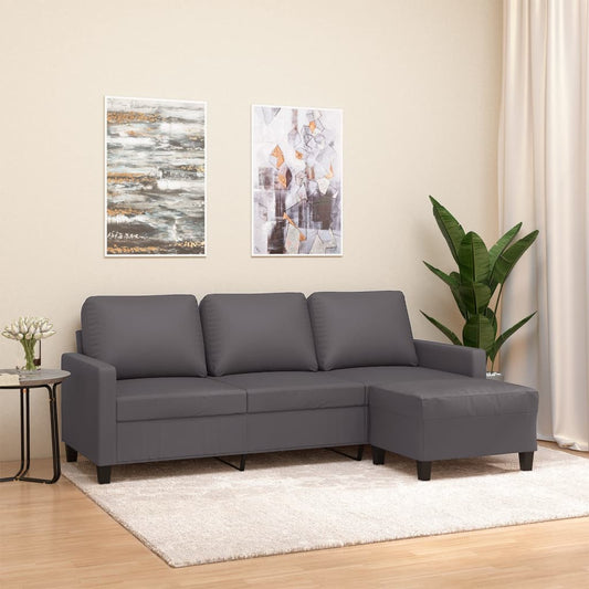 Sofá Vila Real Chaise Longue de 3 Lugares em Couro Artificial - Cinza - Design Nórdico