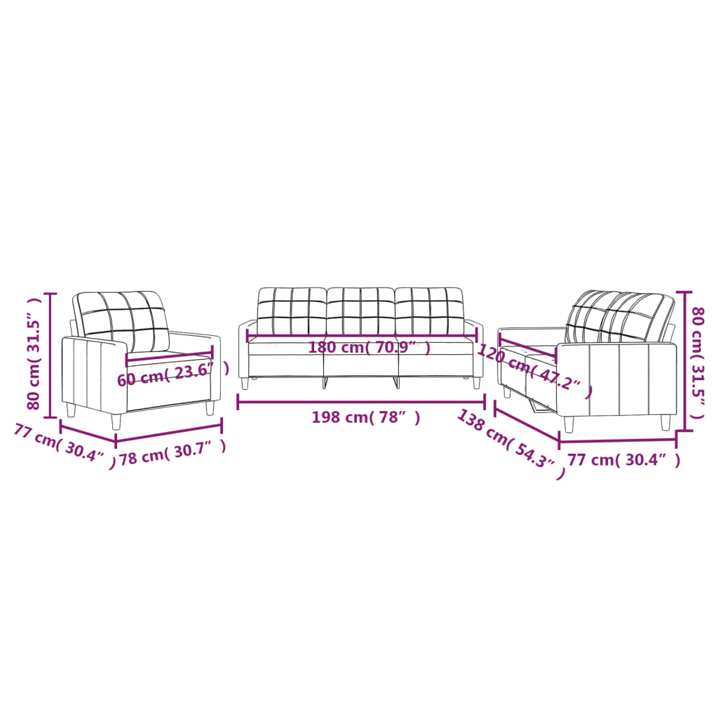 3 pcs conjunto de sofás com almofadões tecido cinzento-claro