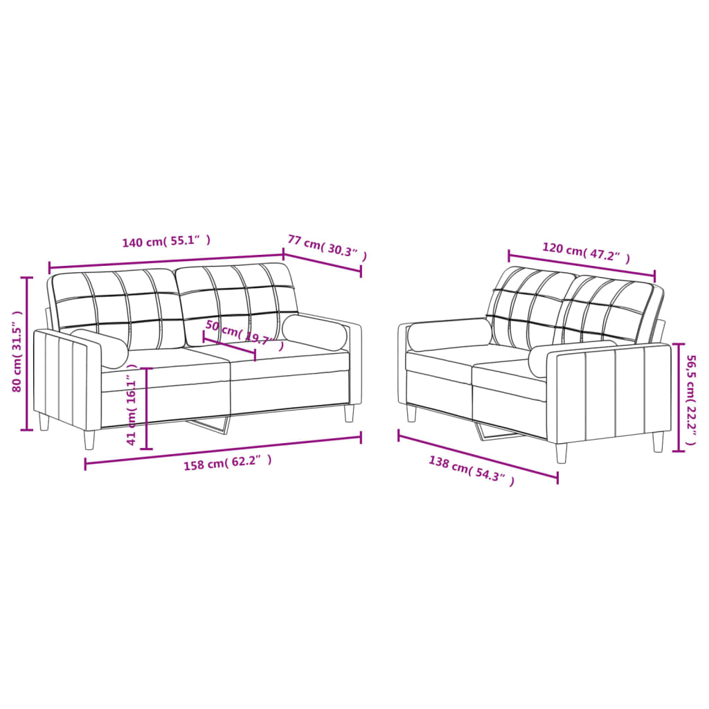 2 pcs conjunto de sofás com almofadas tecido cinza-acastanhado