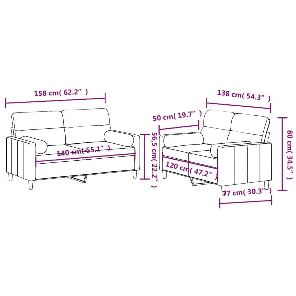 2 pcs conjunto de sofás com almofadas tecido cinzento-claro