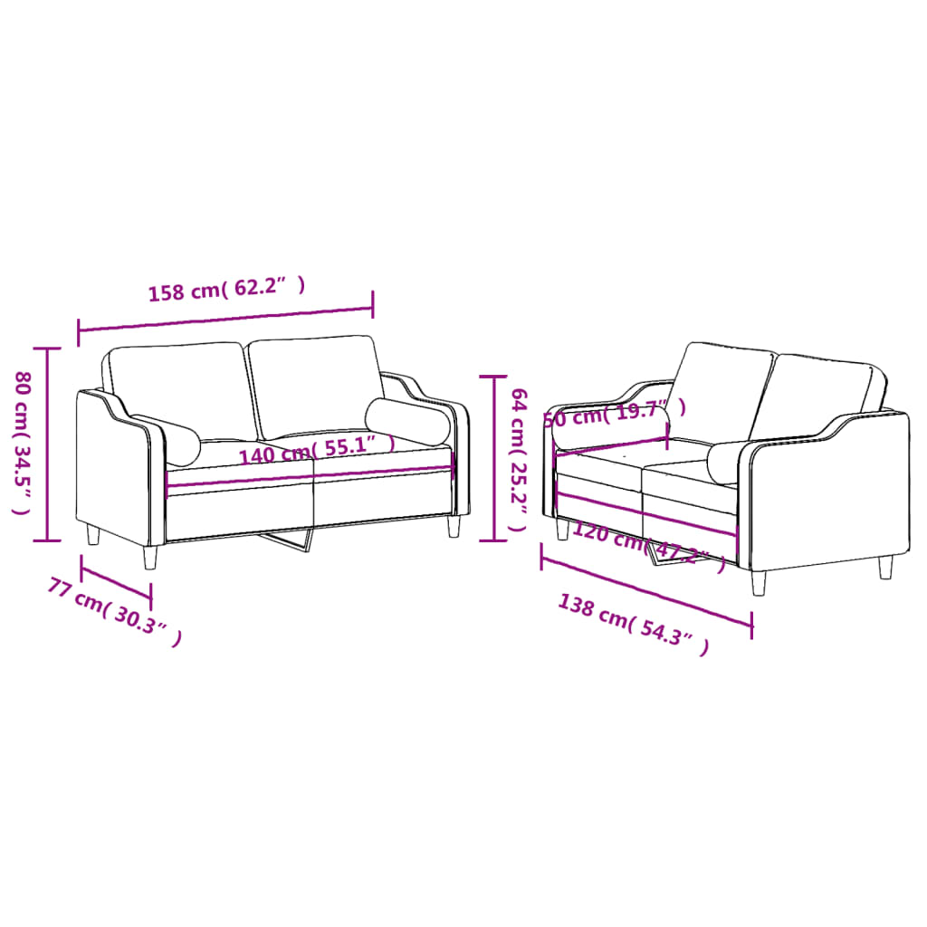 2 pcs conjunto de sofás com almofadas tecido cor creme