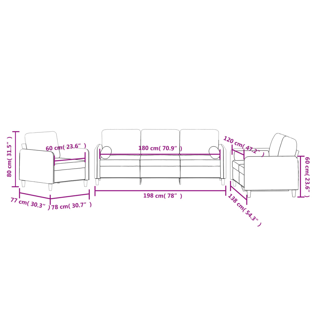 3 pcs conjunto de sofás com almofadas veludo cinzento-claro