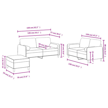 3 pcs conjunto de sofás com almofadas veludo cinzento-escuro