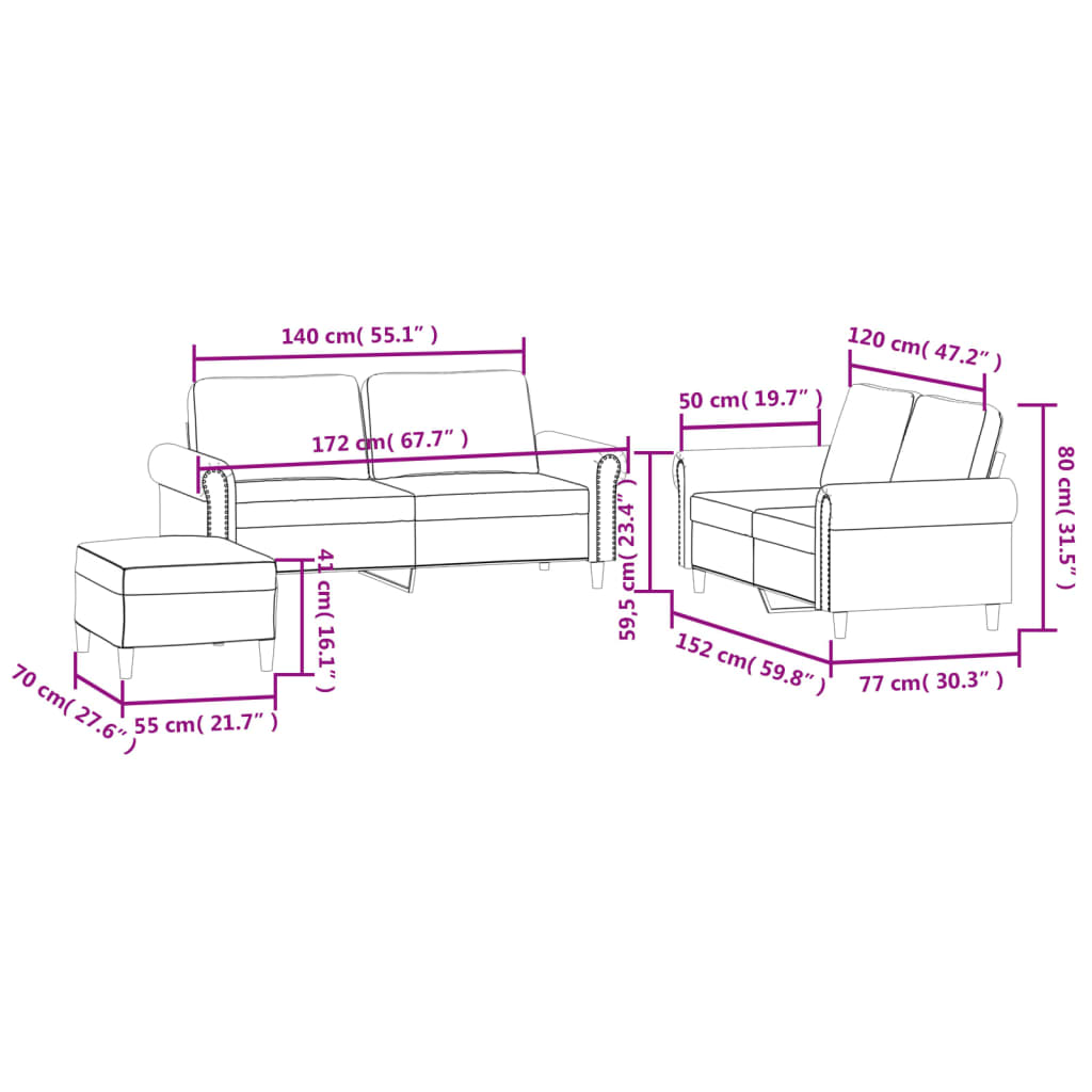 3 pcs conjunto de sofás com almofadões veludo cinzento-claro