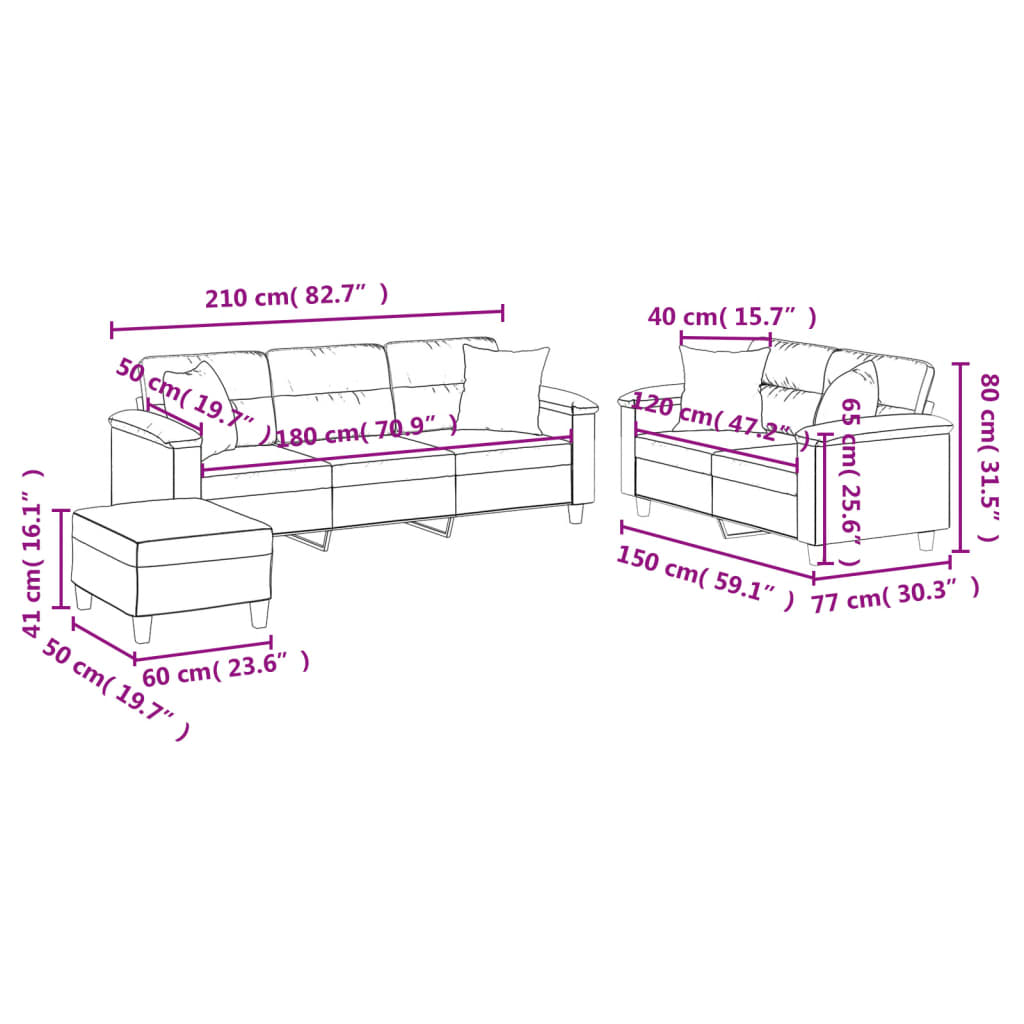 3 pcs conjunto sofás c/ almofadas tecido microfibra cinza-claro