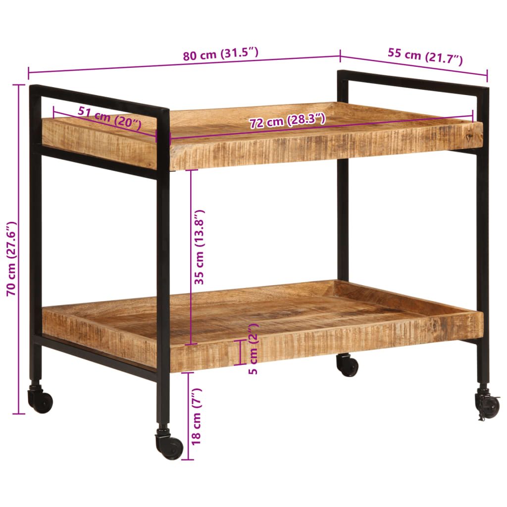 Carrinho de cozinha 80x55x70 cm madeira mangueira áspera maciça